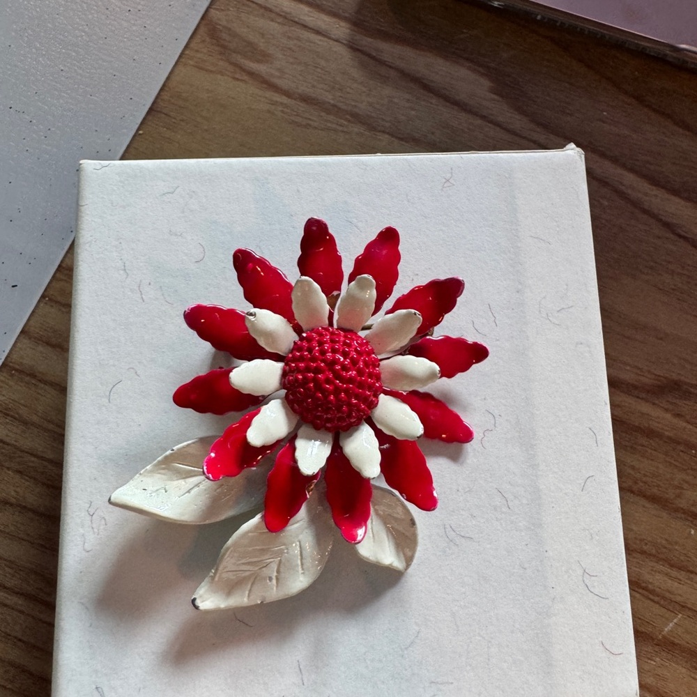 Vintage Red and White Flower Brooch